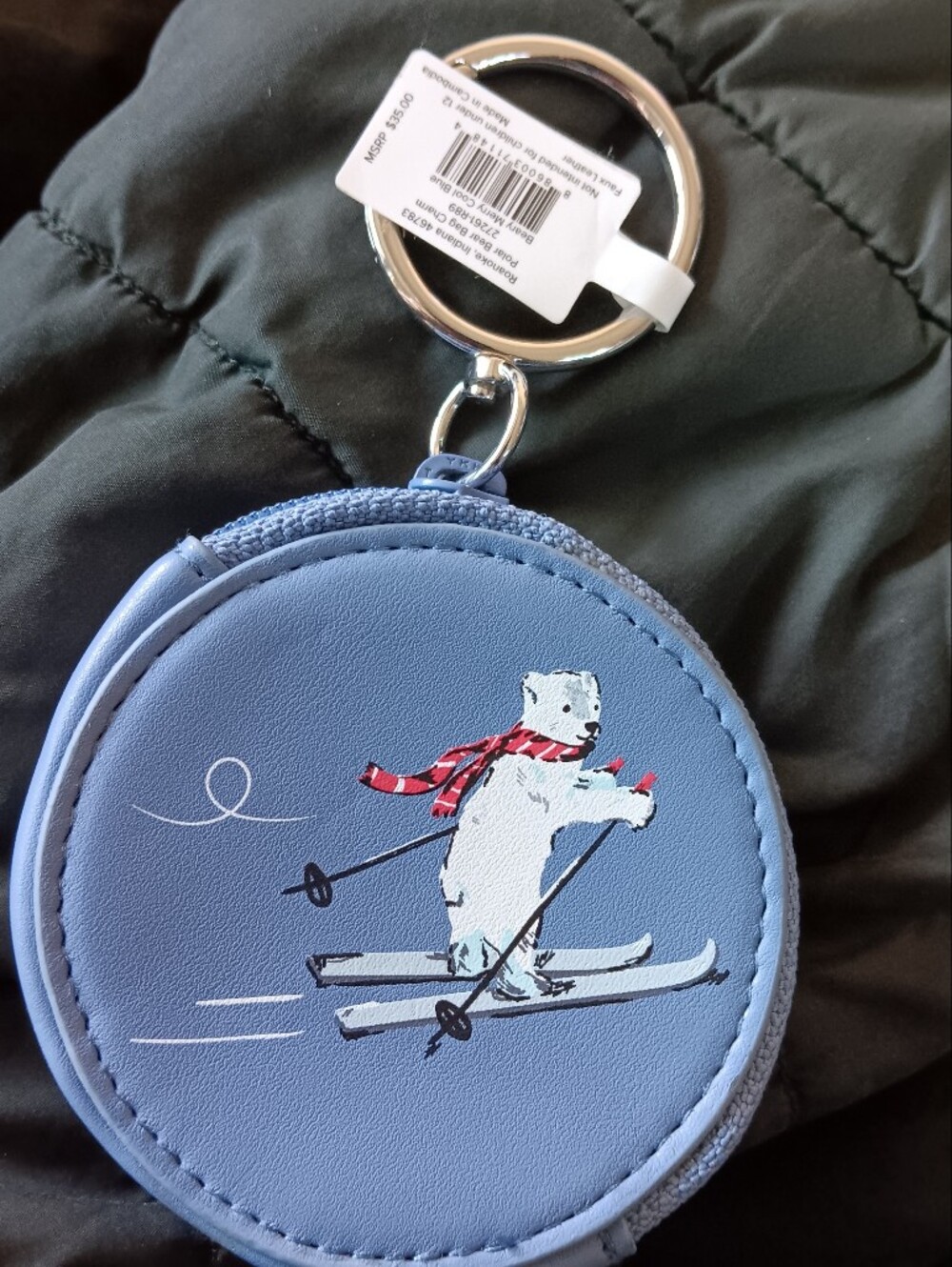 Vera Bradley Polar Bear Skiing Coin Pouch Key Ring, New W Tags